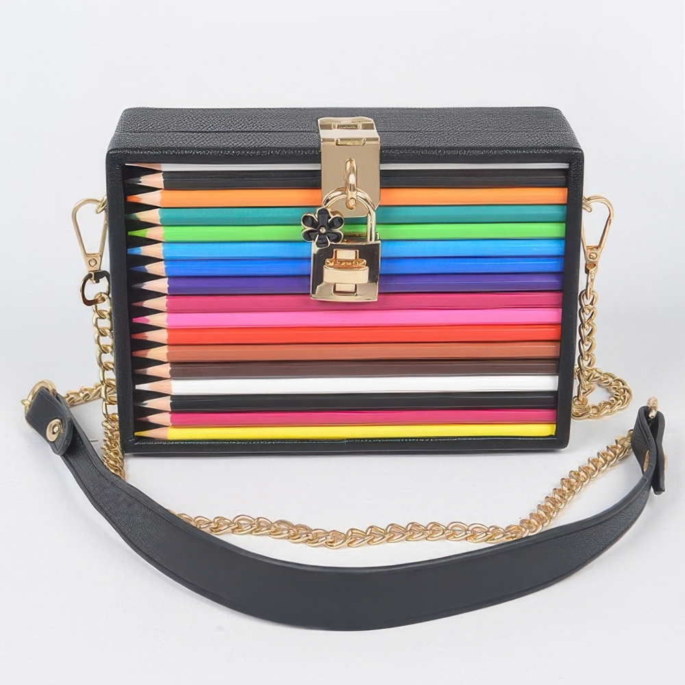 Multicolor Pencil Design Clutch with‎ Gold Accents